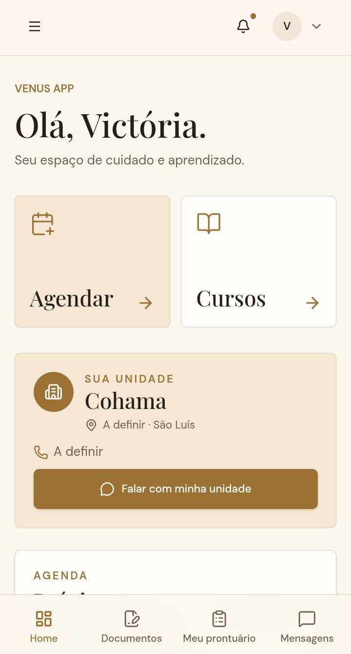 Tela inicial do aplicativo VENUS do Instituto GDA com agendamento, cursos e mensagens